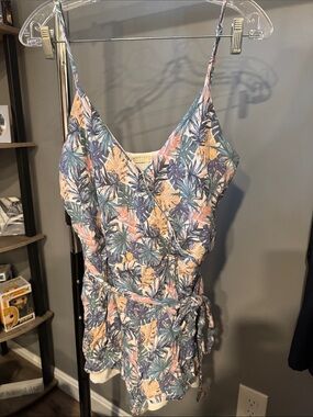 Women’s Tropical Print One-Piece Romper in Blue, Peach & Cream